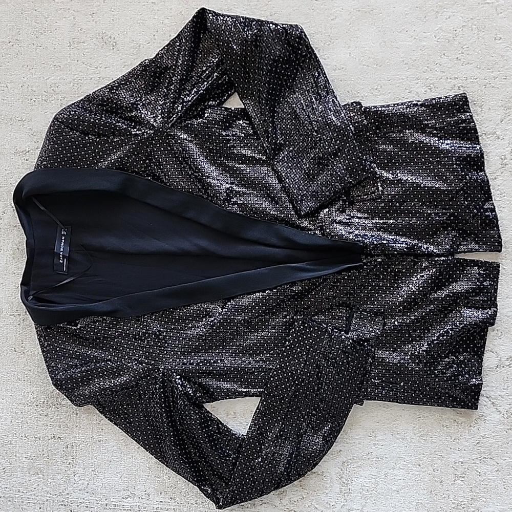 ZARA Sequin Tuxedo Blazer Black Golden Polka Dot Satin Lapel Lined Jacket
